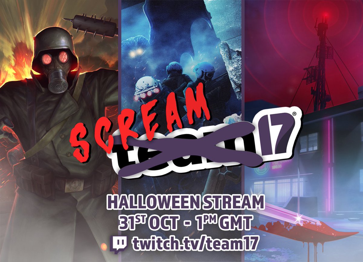 Team17's tweet image. Happy Halloween! 🎃 Join us on the Team17 Twitch channel at 1pm GMT/9am ET for the Scream17 Stream! 😱

We&apos;ll be streaming three spooky games and giving away some game keys as we play! 🔑

💀 CONSCRIPT
💥 Trepang2
🔪 Killer Frequency

🔗 twitch.tv/team17