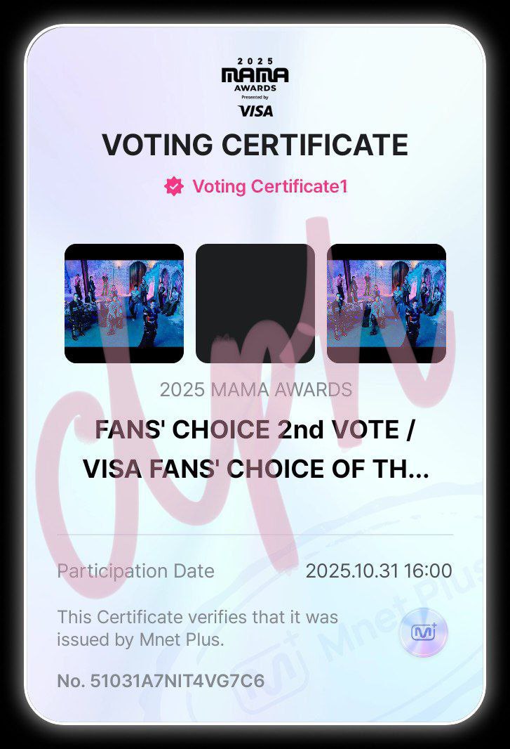 [📢] 2025 MAMA AWARDS - FAN'S CHOICE + FAN'S CHOICE OF THE YEAR

CARATs, we will unite as one! 💎🙌
Vote SEVENTEEN + 1 female artist daily! One vote per account per day! 

Drop your voting certificates here and use the voting hashtags #2025MAMAVOTE #SEVENTEEN 

📆 Until November