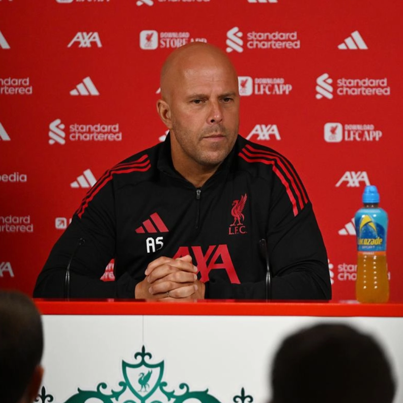 LFC's tweet photo. Arne Slot attended a press conference this morning to preview our League encounter with Aston Villa. ⤵️ #LIVAVL