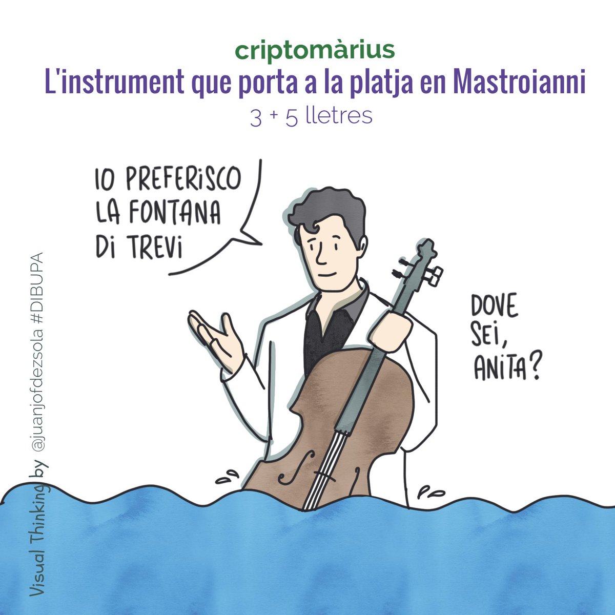 juanjofdezsola's tweet image. La meva resposta-pista #visualthinking al 53è #criptomàrius #cinefilàrius del @mariusserra: “L&apos;instrument que porta a la platja en Mastroianni” (3+5 lletres) 

(També podria ser una traducció cutre a l&apos;italià del musical més famós de Dagoll Dagom…🙄)