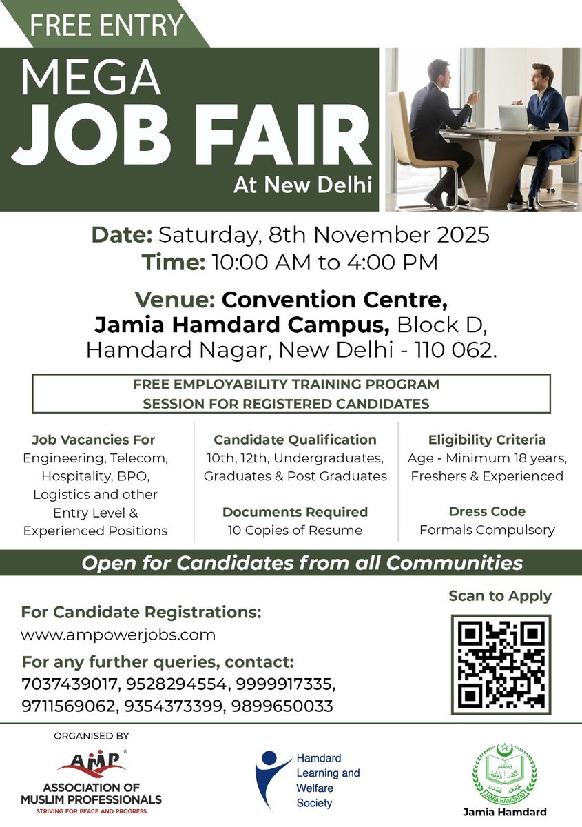 AmpIndia's tweet image. 📣  𝐀𝐌𝐏&apos;𝐬 𝐅𝐫𝐞𝐞 𝐉𝐨𝐛 𝐅𝐚𝐢𝐫  📣

𝐀𝐬𝐬𝐨𝐜𝐢𝐚𝐭𝐢𝐨𝐧 𝐨𝐟 𝐌𝐮𝐬𝐥𝐢𝐦 𝐏𝐫𝐨𝐟𝐞𝐬𝐬𝐢𝐨𝐧𝐚𝐥𝐬 (𝐀𝐌𝐏), in association with 𝐇𝐚𝐦𝐝𝐚𝐫𝐝 𝐋𝐞𝐚𝐫𝐧𝐢𝐧𝐠 𝐚𝐧𝐝 𝐖𝐞𝐥𝐟𝐚𝐫𝐞 𝐒𝐨𝐜𝐢𝐞𝐭𝐲 is organizing a 𝐉𝐨𝐛 𝐅𝐚𝐢𝐫 𝐚𝐭 𝐃𝐞𝐥𝐡𝐢.