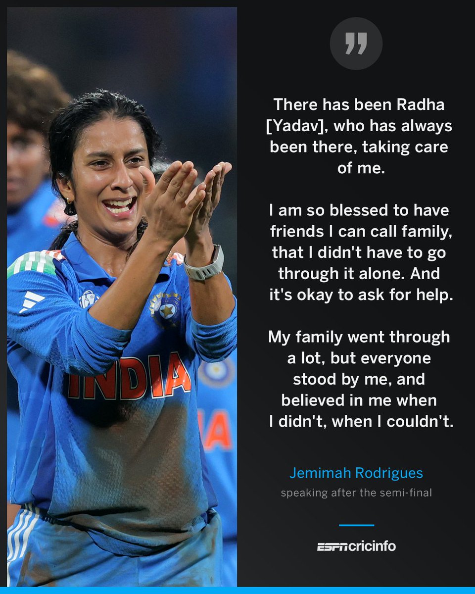 🗣️ "It's okay to ask for help"

Powerful words from Jemimah Rodrigues after her match-winning 127* against Australia in the World Cup semi-final

(1/2)
