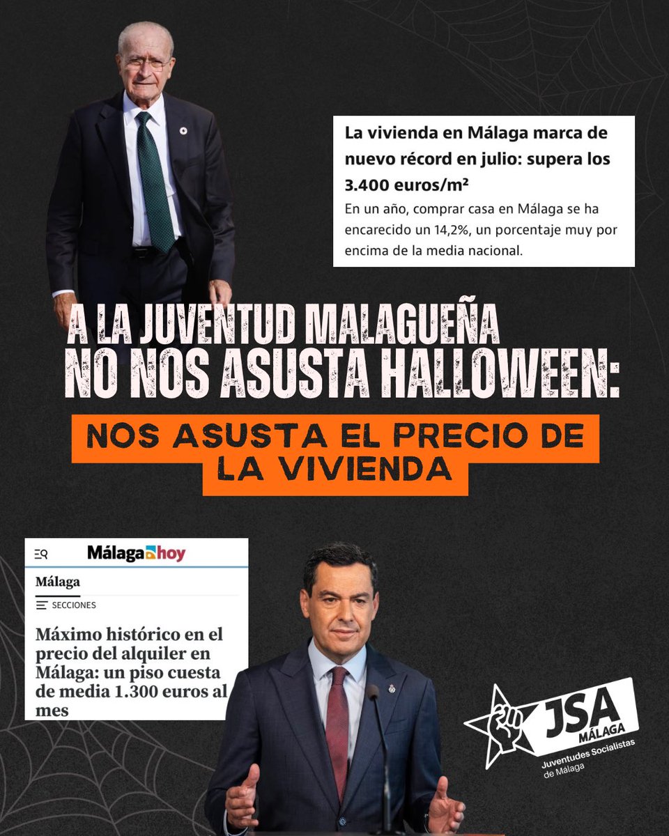 🎃 A la juventud malagueña no le da miedo halloween, le da miedo el precio de la vivienda

👉🏼 Precio del alquiler terrorífico
👉🏼 Mini pisos que dan miedo
👉🏼 Viviendas a costes de horror

💀 Moreno Bonilla y Paco De la Torre, los monstruos de la vivienda