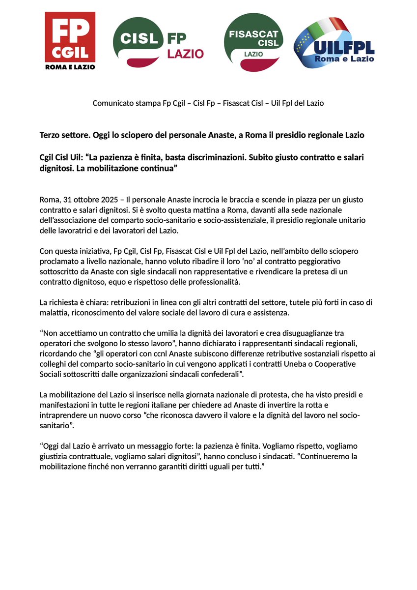 #TerzoSettore. Oggi lo #sciopero del personale #Anaste, a #Roma il presidio regionale #Lazio. #CgilCislUil: “La pazienza è finita, basta #discriminazioni. Subito giusto #contratto e #salario dignitoso. La #mobilitazione continua”

#ContrattoGiusto #Ilmiolavorovale