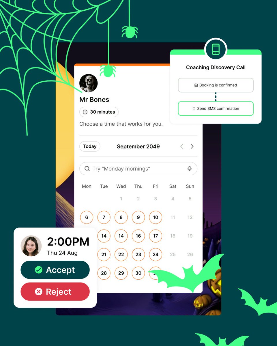 👻 Don’t get ghosted this Halloween!

Here are 3 frightfully easy ways to keep your bookings (&amp; time) protected:

1️⃣ Send smart reminders
2️⃣ Avoid last-minute booking scares 🕒
3️⃣ Make a killer first impression &amp; customize your booking page!

Happy Halloween from YouCanBookMe! 💚