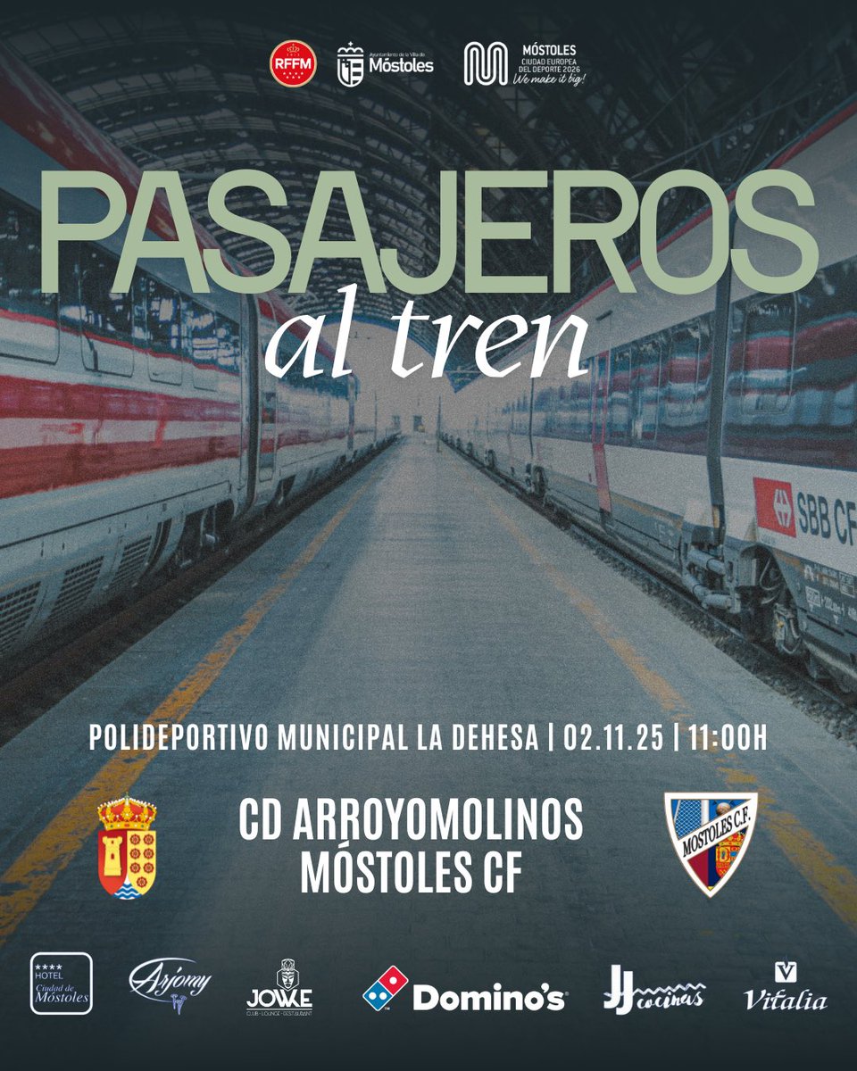 🚆 Pasajeros al tren… que esto no espera

Toca la jornada 8 y vamos con todo para enganchar definitivamente el vagón de arriba 💪🏼🔝

📅 Domingo, 02/11 | 11:00h
🏟️ La Dehesa (Arroyomolinos)
🆚 CDM Arroyomolinos "A"

#VamosMostoles #Volveremos