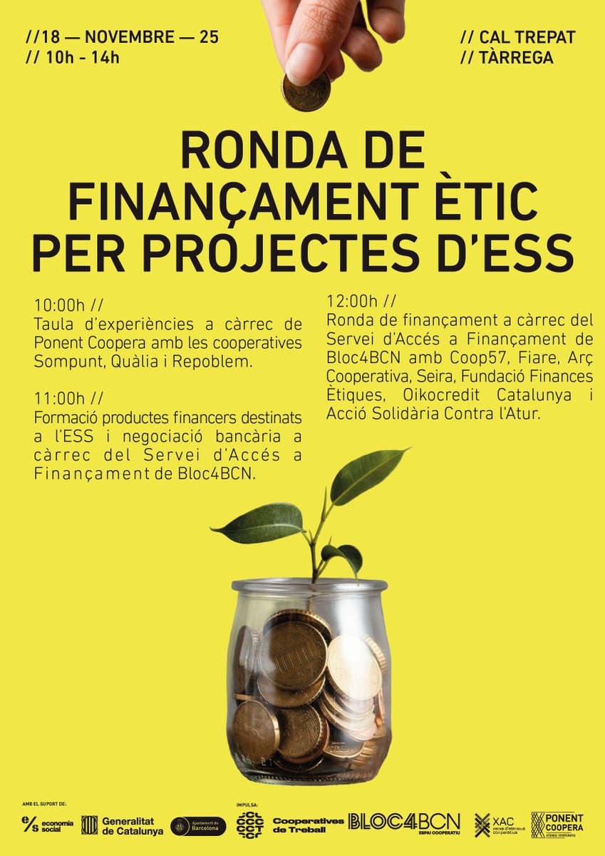🌱 El 18 de novembre serem a Tàrrega per connectar l’#ESS amb les #FinancesÈtiques!

Apreneu, compartiu i feu créixer els vostres projectes: 💡Formació, 💶Ronda de finançament i 🕙Taula d’experiències

📝 tinyurl.com/mskckpmx

#EconomiaSocial #FinancesÈtiques #Cooperativisme