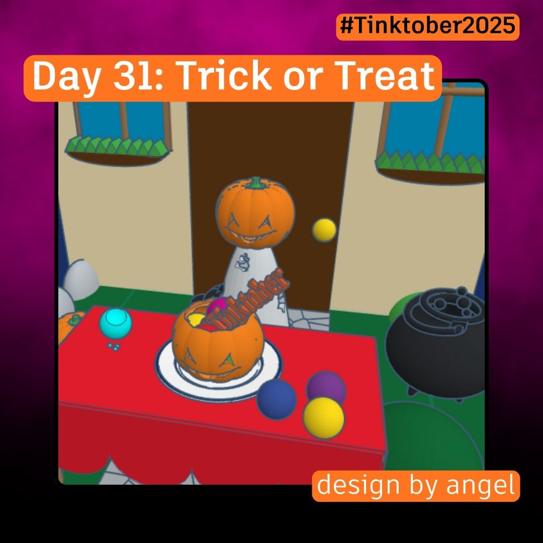 tinkercad's tweet photo. Happy Halloween!
#Tinktober Day 31: Trick or Treat ๐ฌ ๐
https://t.co/4gCwxgFFRC
#Tinktober2025 #HalloweenDesigns #MadeWithTinkercad https://t.co/JAT4f3x0Ef