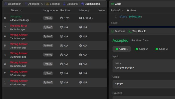 PrathEffect's tweet image. Day 38/101 ✅
Only 2 questions today. The second one took 8 submissions — at that point, it wasn’t problem-solving anymore, it was emotional damage management. But hey, AC is AC. 📷 #LeetCode #DSA #100DaysOfCode