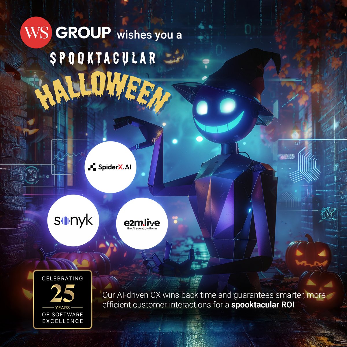 This Halloween, we celebrate 25 years of crafting smarter CX with the power of AI.

From digital transformation to humanlike conversations, our innovation continues to shape the web.
Happy Halloween from Web Spiders — 25 years of intelligent experiences.

#HappyHalloween