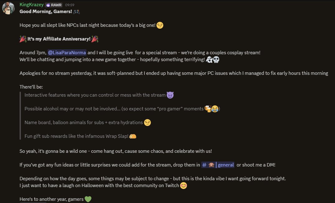 I don't usually post a Discord screenshot, but here's the start of the plan for today.

Lets see what today brings! 💚👻