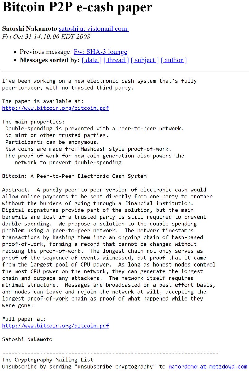 Un 31 de Octubre hace 17 años, Satoshi Nakamoto publicaba el whitepaper de #Bitcoin en una mailing list cypherpunk, dando inicio a la revolución anarco capitalista más importante de nuestra era: la separación del dinero del estado. ⚔️