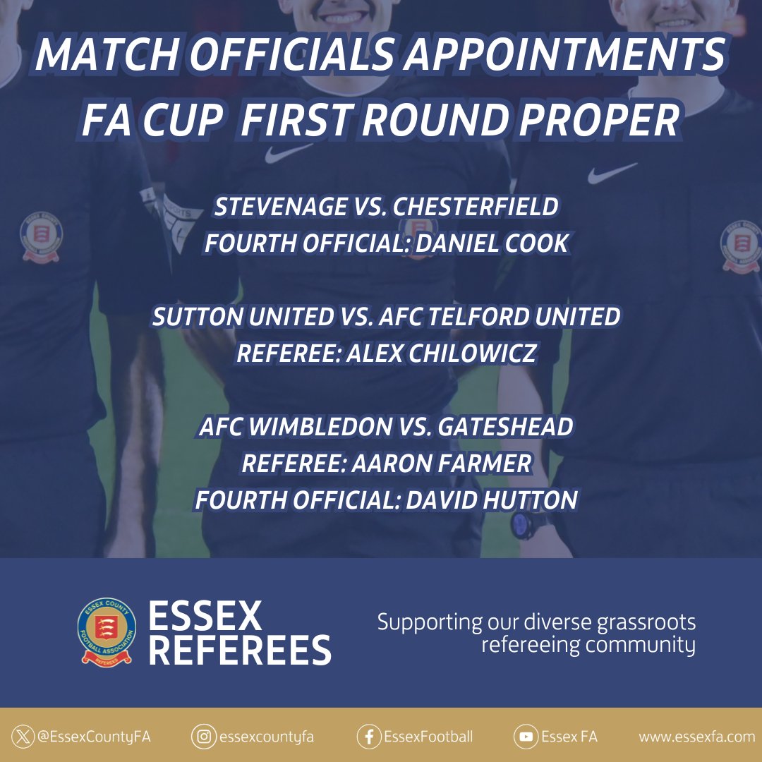 🏆 This weekend will see 4⃣ <a href="/EssexCountyFA/">Essex County FA</a> match officials in the <a href="/EmiratesFACup/">Emirates FA Cup</a> First Round Proper.

Congratulations to each of the match officials and good luck for this weekend.