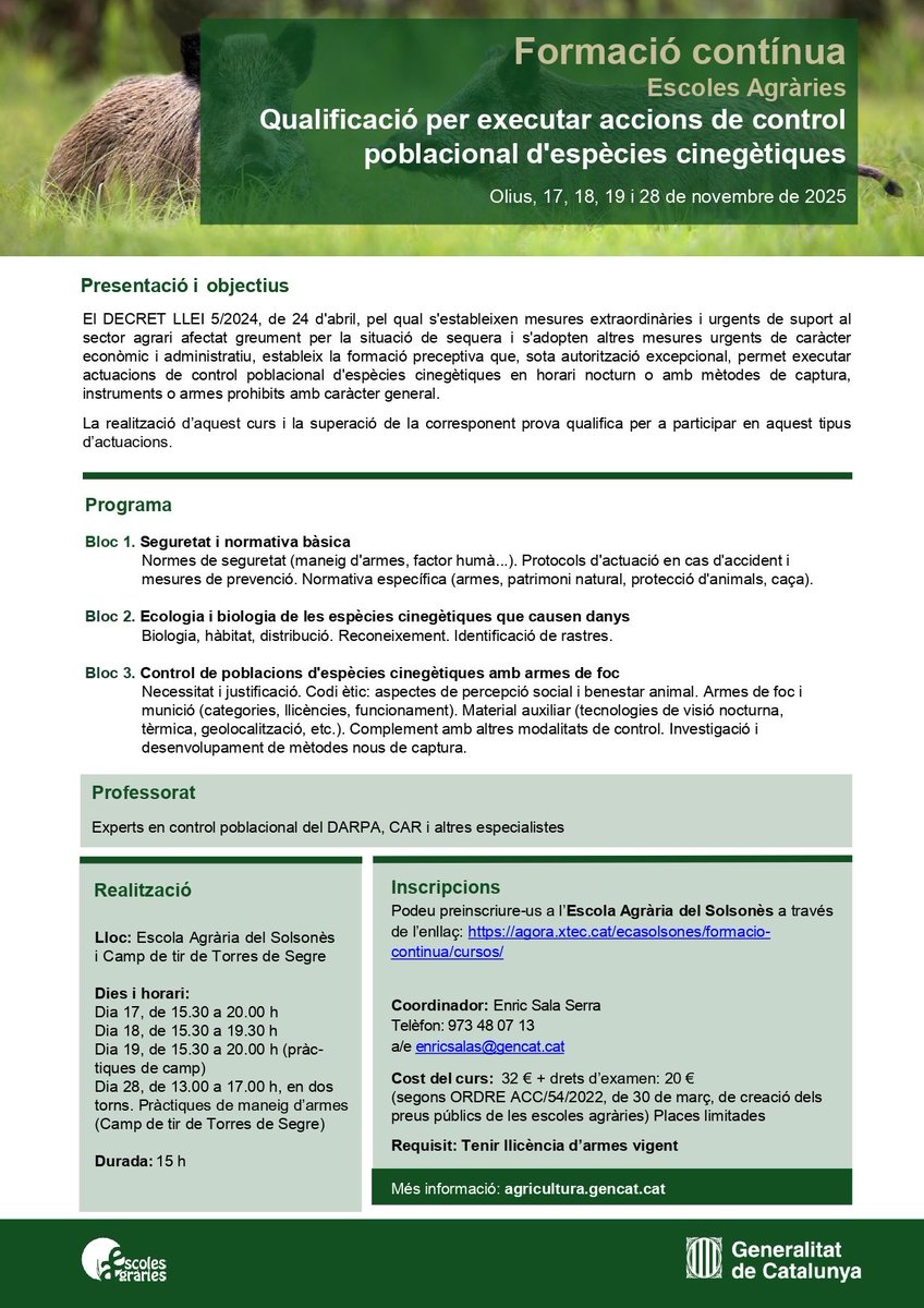 easolsones's tweet image. 🐗 Forma’t en seguretat i normativa bàsica d’actuacions de control  poblacional, en ecologia i biologia d’espècies cinegètiques i també en control de poblacions per mitjà d’armes de foc. 

📅 17-19/11 i 28/11
📝 Inscripcions 🔗 tuit.cat/ZRv5y

#FormacióContínua