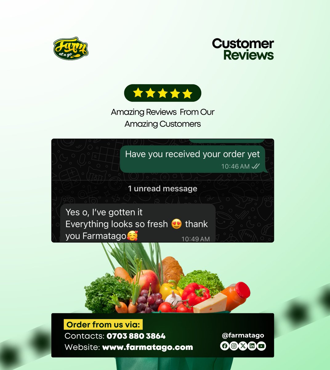 farmatago_'s tweet image. Our customers’ satisfaction is always our top priority 💚

Join the list of happy customers enjoying the @farmatago freshness!

Slide into our DMs or call 07038803864 to stock up on fresh, quality farm produce 

#Farmatago #CustomerService #EatFreshLiveBetter #FarmFreshGoodness