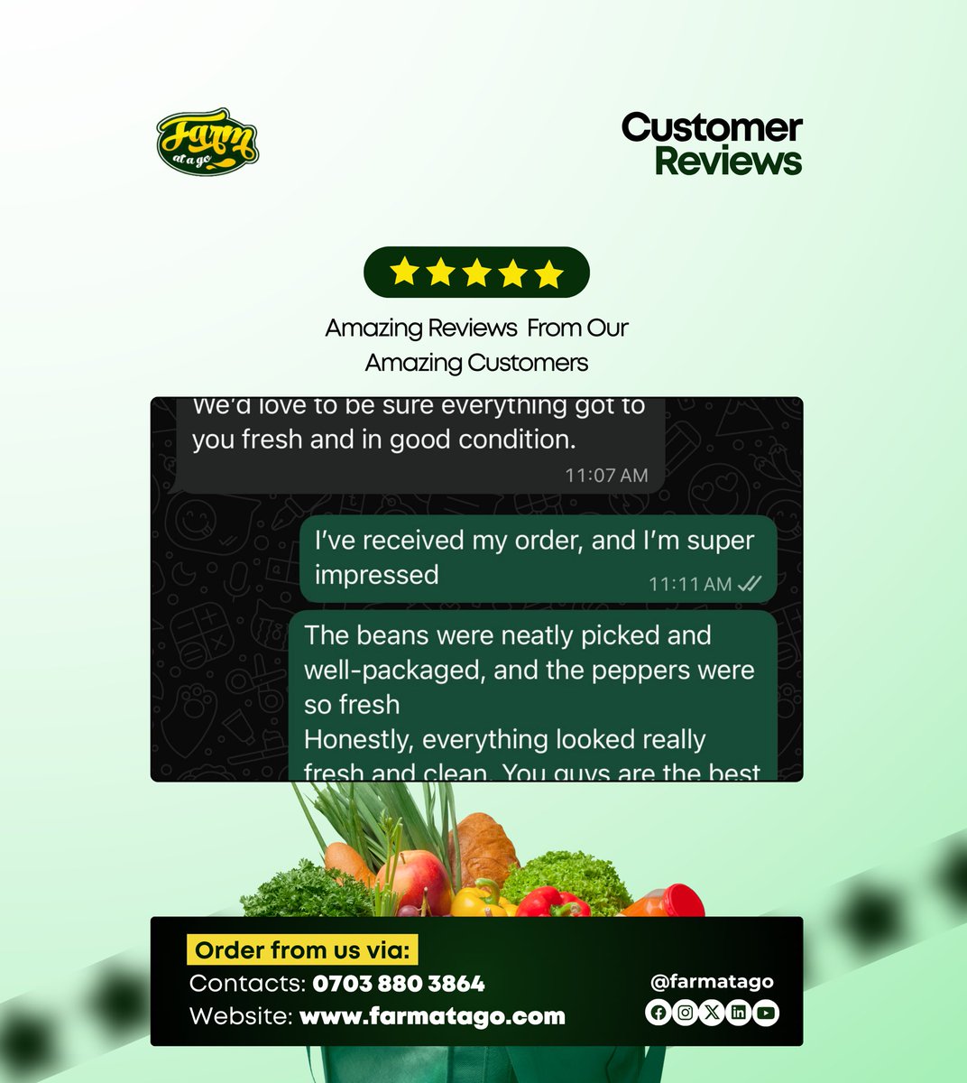 farmatago_'s tweet image. Our customers’ satisfaction is always our top priority 💚

Join the list of happy customers enjoying the @farmatago freshness!

Slide into our DMs or call 07038803864 to stock up on fresh, quality farm produce 

#Farmatago #CustomerService #EatFreshLiveBetter #FarmFreshGoodness