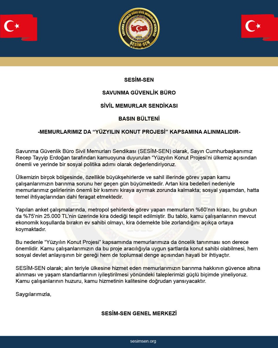 SESİM-SEN
SAVUNMA GÜVENLİK BÜRO
SİVİL MEMURLARI SENDİKASI

Memurlar da “Yüzyılın Konut Projesi” kapsamında yer almalıdır!
SESİM-SEN olarak, kamu çalışanlarının da bu projeden adil ve öncelikli şekilde yararlanmasını talep ediyoruz. sesimsen.org/2025/10/31/mem…