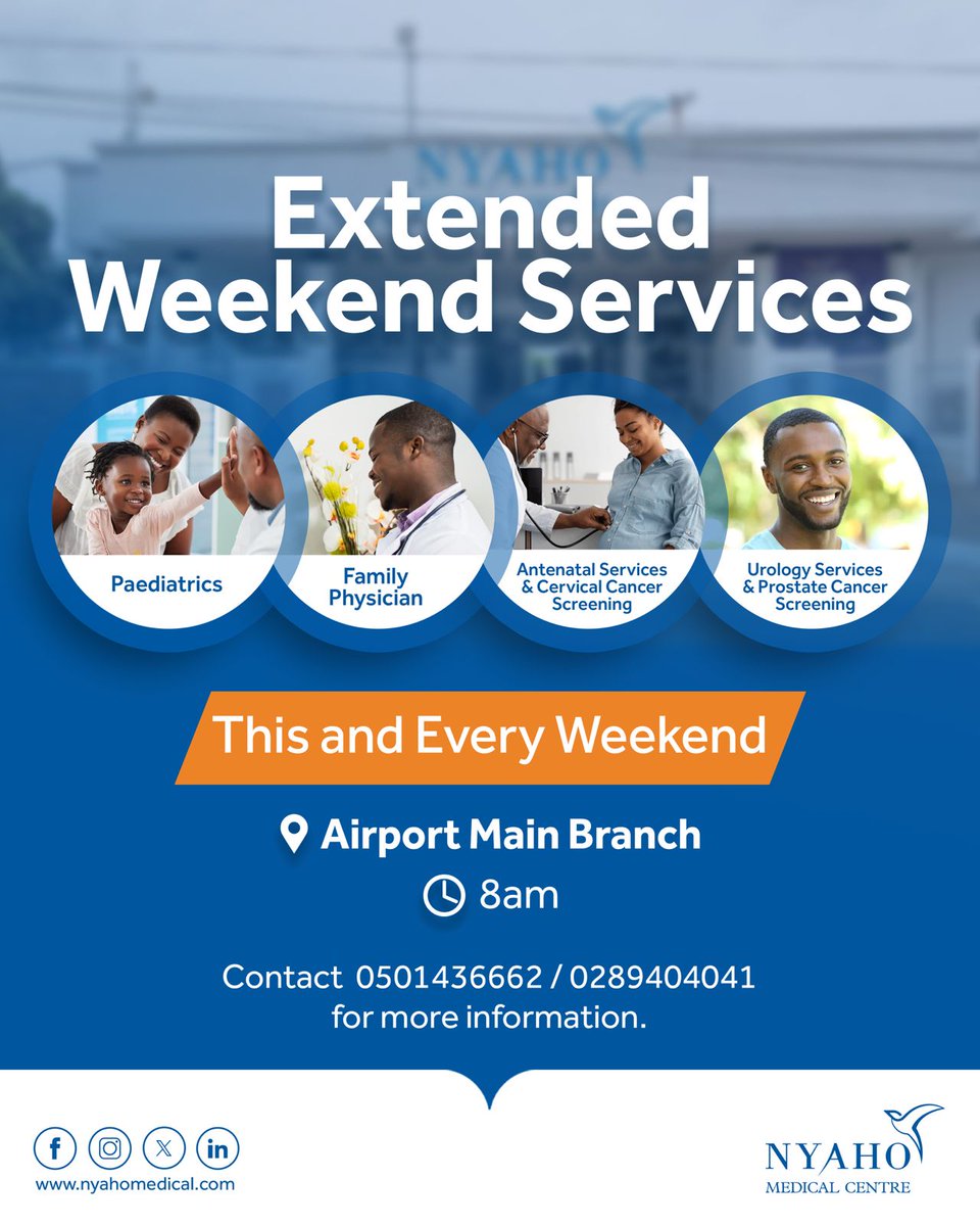Your health can't wait! Our Extended Weekend Services are back at the Airport Main Branch. 🌟 

✅ Paediatrics  
✅ Family Consultations  
✅ Antenatal &amp; Cancer Screening  
✅ Urology &amp; Prostate Screening  

📍 Airport Main Branch | 🕗 From 8am  
📞 Call 0289404041 / 0501436662