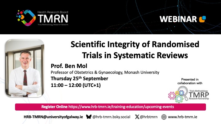 hrbtmrn's tweet image. If you missed @bwmol&apos;s eye opening webinar on Scientific Integrity of Randomised Trials in Systematic Reviews, it is now available to watch at: hrb-tmrn.ie/online-materia…