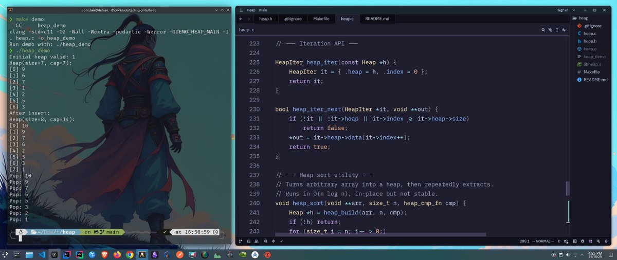 Abhishekcur's tweet image. I Built my own binary heap in pure C from scratch.

I Implemented these features in this project :
-Generic heap that stores void* elements
-Custom comparator function (heap_cmp_fn) → supports min-heap or max-heap
-heap_create() → create an empty heap
-heap_build() → build a…