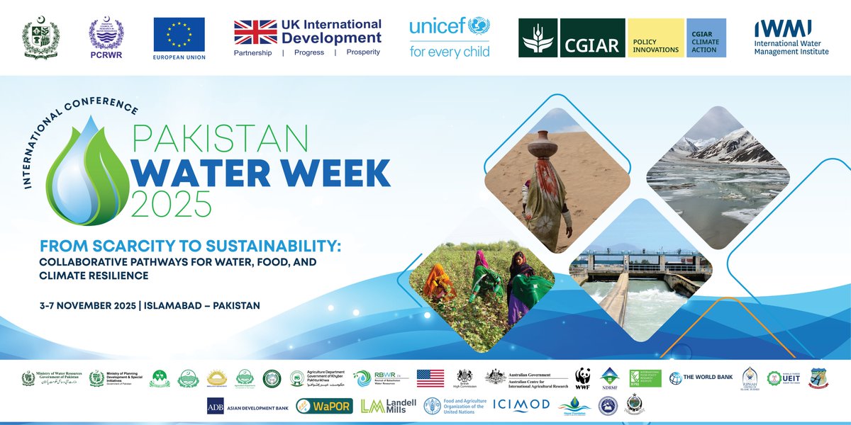 IWMI_'s tweet photo. “Water, Climate, and Resilience: Accelerating Action for a Sustainable Future,” 5th #PakistanWaterWeek2025 to host 3 thematic areas × 8 parallel sessions (24 total), plus plenary &amp; special sessions.

A global platform for #WaterSecurity, #ClimateAction &amp; collaboration. 💧 https://t.co/bqkhOOvizt