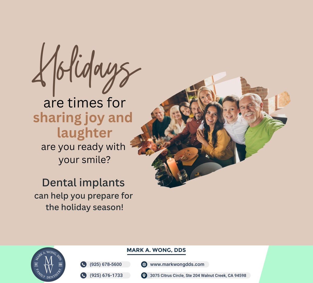 Eat and speak confidently, and let your smile shine this holiday season. Schedule your consultation for a dental implant before we get fully booked. Call (925) 678-5600 today. #dentalimplant #holidaysmile #oralhealth #markwongdds #walnutcreek #CA