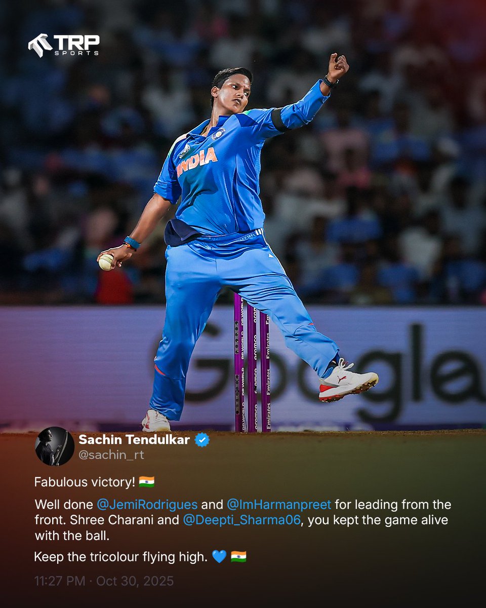 TRPSports's tweet photo. .@sachin_rt's words of appreciation for the #WomenInBlue reflect what this win truly means. 🇮🇳
Every contribution, every effort recognised by the legend who’s inspired generations. 

#CWC2025 #TeamIndia #TRPSports https://t.co/dFMYcDIvl1