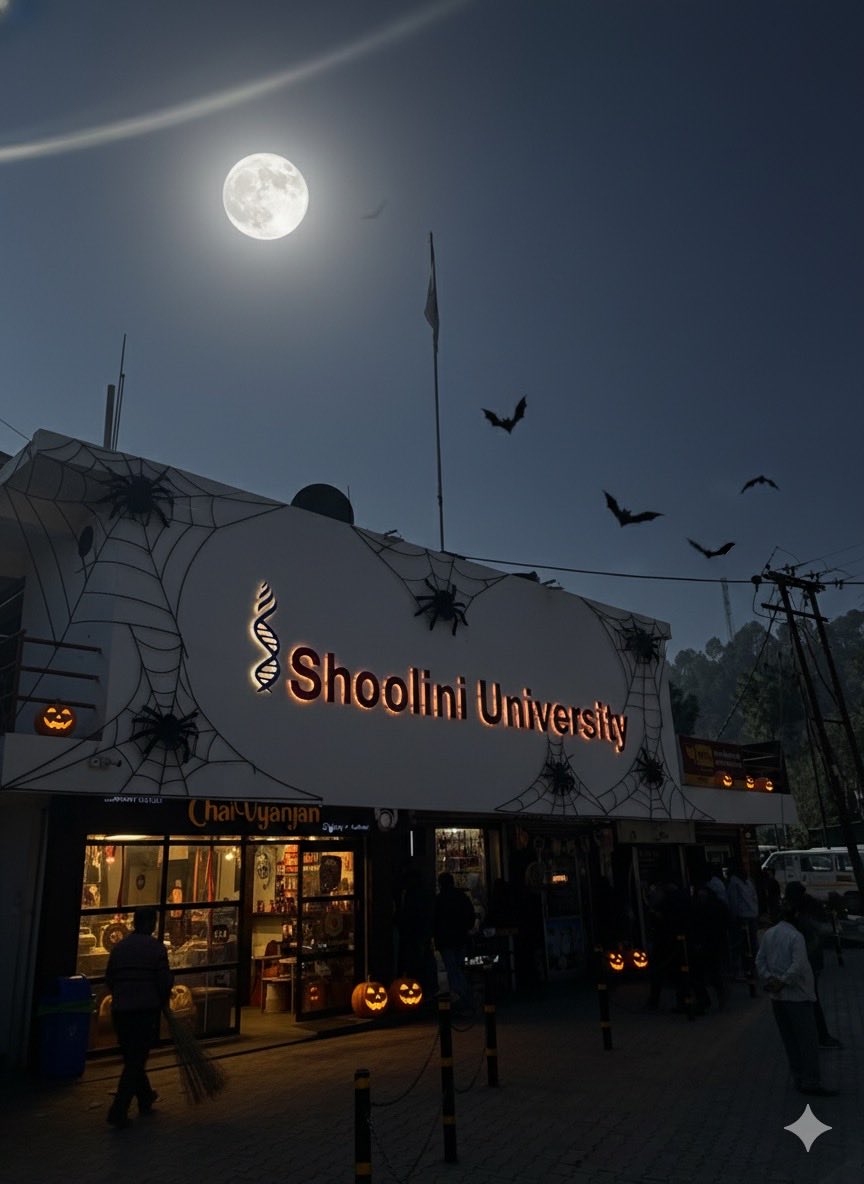 ShooliniUniv's tweet image. Tricks, treats, and a touch of spooky magic at Shoolini! 🎃✨

Glowing pumpkins, eerie vibes, and Halloween feels all around! 👻🕸️

Swipe to see the spooky side of Shoolini! 🦇💛

Tell us what’s your favourite thing about Halloween? 🎭

#hallowen #spookyvibes #shooliniuniversity