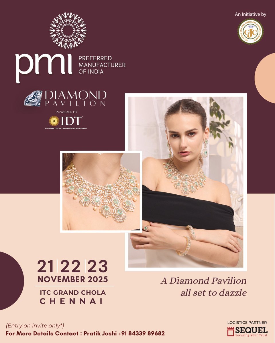 Discover a pavilion glittering with exquisite diamond jewellery, exclusively at #PMIChennai, where retailers find their showstopper pieces. 💎

📍 ITC Grand Chola, Chennai
🗓️ 21st – 23rd November 2025

For details: Pratik Joshi – +91 84339 89682
Entry on Invite Only

#PMIChennai