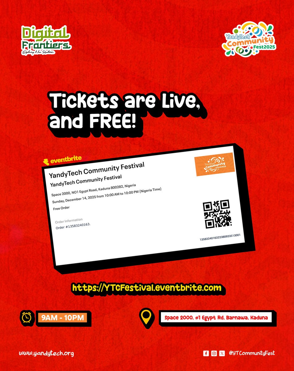 🎟️ Tickets Are LIVE, and FREE! 🚀

Join us for the #YTCFestival2025 themed “Digital Frontiers”, a full day of innovation, creativity &amp; tech vibes! 

📅 Dec 14 | 🕘 9AM
📍 Space 2000, Barnawa, Kaduna
🔗 YTCFestival.eventbrite.com

#YandyTechFestival #DigitalFrontiers