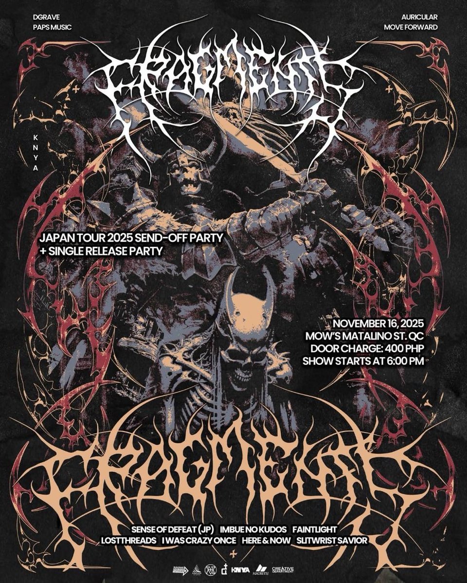 【SENSE OF DEFEAT フィリピンツアー決定！】
🌏 Tour 2nd Day

2025.11.16 sun.
FRAGMENTS Japan Tour 2025 Send-Off Party + Single Release Party
<a href="/fragmentscult/">†FRAGMENTS†</a> 

w/
SLITWRIST SAVIOR
HERE &amp; NOW
I WAS CRAZY ONCE
LOSTTHREADS
FAINTLIGHT
IMBUE NO KUDOS
FRAGMENTS

📍Mow's
OPEN 18:00