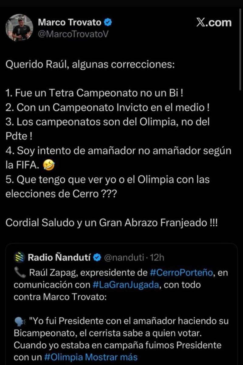 ATENCIÓN: Marco Trovato respondió las declaraciones que dio Raúl Zapag en #LaGranJugada.

95.5 FM <a href="/rockandpop955/">Rock&Pop Paraguay</a>
1020 AM <a href="/nanduti/">Radio Ñandutí</a> 
96.1 FM CDE 660 AM CDE Itapirú.
#LaGranJugada