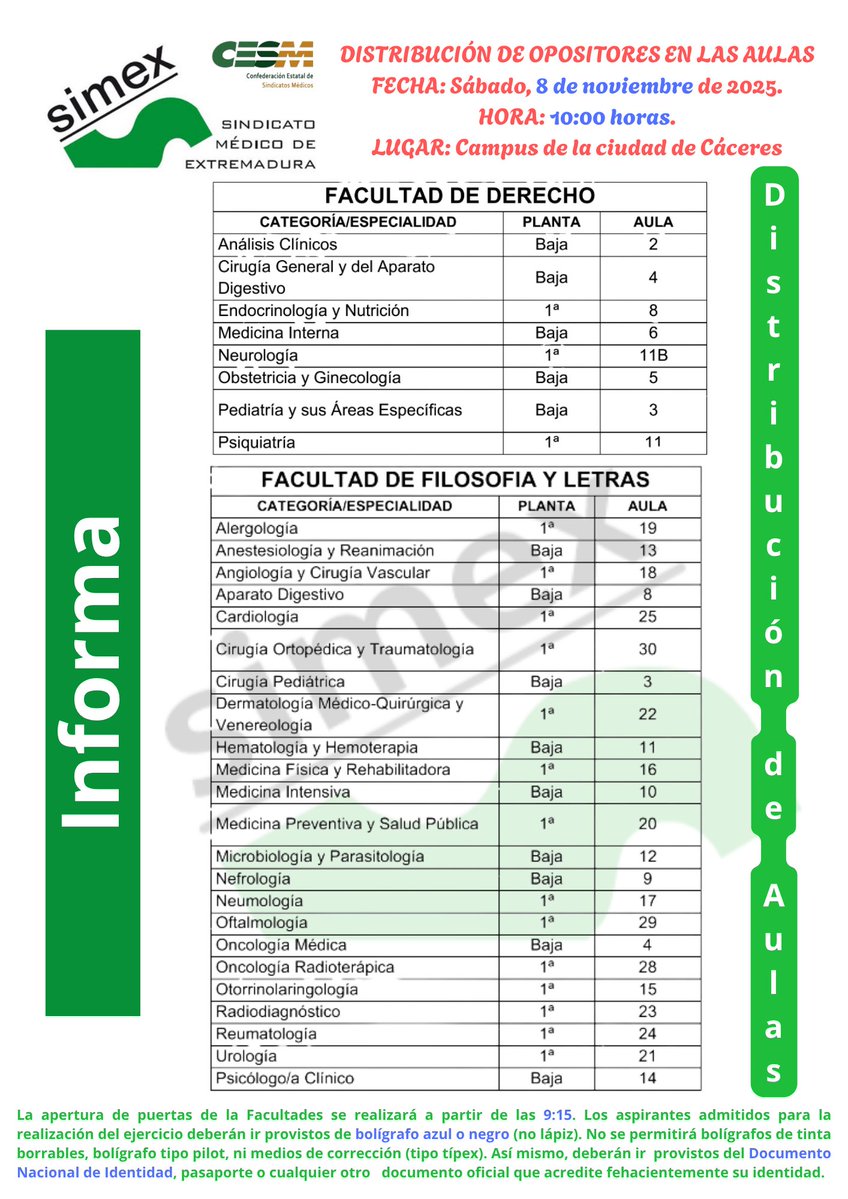 SIMEX_CESM_1's tweet image. DISTRIBUCIÓN DE OPOSITORES EN LAS AULAS
FECHA: Sábado, 8 de noviembre de 2025.
HORA: 10:00 horas.
LUGAR: Campus de la ciudad de Cáceres
simex-cesm.org/distribucion-d…