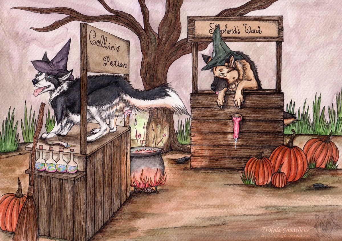 Happy Spooky Halloween! 🎃👻🎃

Look at these two cuties selling their wares, which stall you want to try? 😋

Potion to turn your boymeat to cookie 🥠 for a duration of time or trying out Shep's wand💄, you can do magics with it! 🪄

Watercolor. 2023

furaffinity.net/view/54420540/