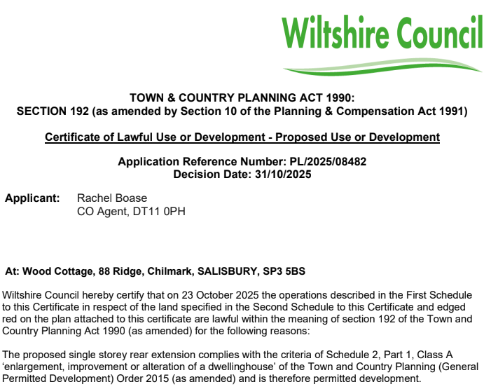 PlanningBase's tweet image. @planningbase obtains lawful development certificate for extensions to dwelling near #Chilmark in #Wiltshire. We provided advice to the client and architect to ensure decision made within one week #planningwiltshire #wiltshireplanning #clopud #lawfuldevelopmentcertificate