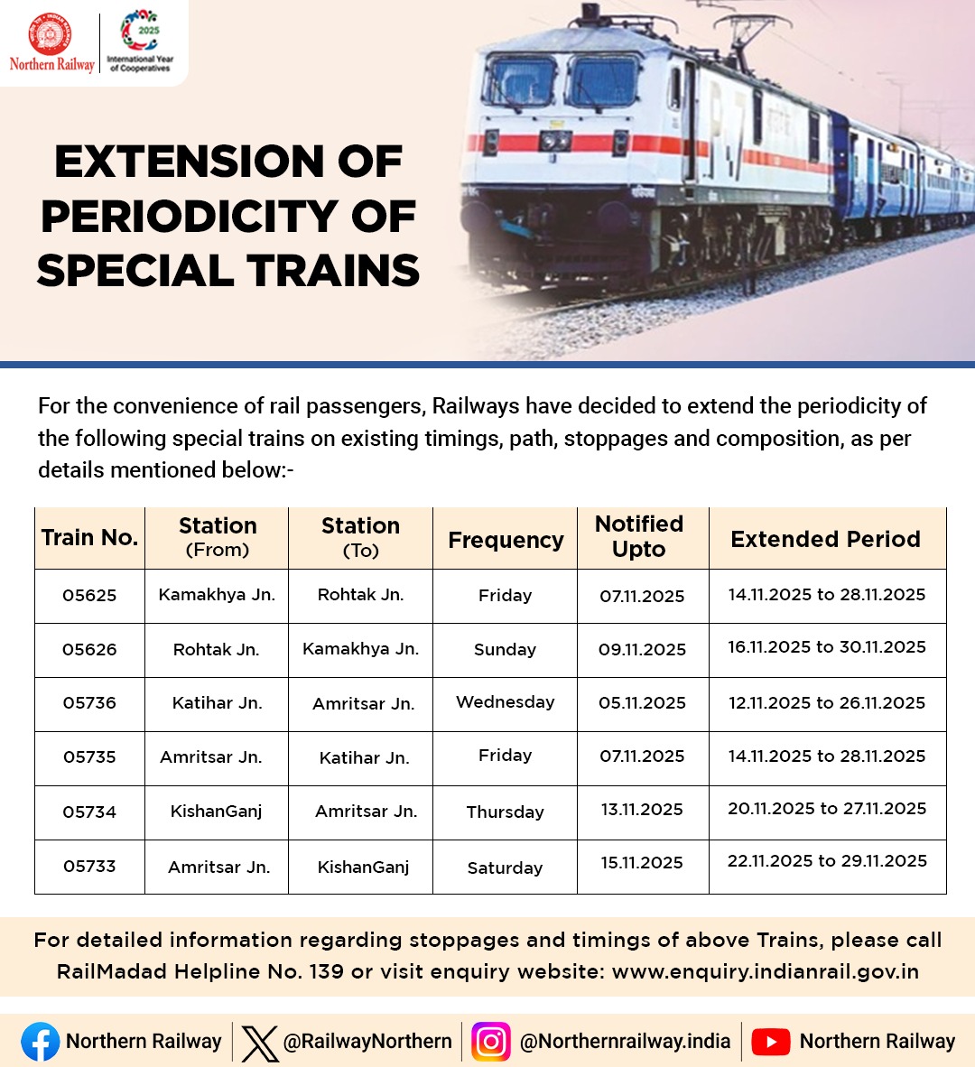 यात्रीगण कृपया ध्यान दें 📢 

गाड़ी संख्या:- 05625/26 कामाख्या रोहतक कामाख्या त्यौहार स्पेशल के फेरो में  3 फेरो की वृद्धि। 🚂🚃🚃

कामाख्या से 05625:- 14.11.2025 से 28.11.2025 तक (प्रति शुक्रवार) 🚂🚃

रोहतक से 05626:- 16.11.2025 से 30.11.2025 तक (प्रति रविवार) 🚂🚃