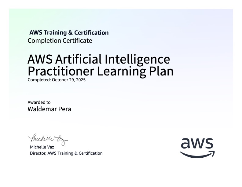 WaldemarPera's tweet photo. @AWSCloud #MultiCloud #PublicCloud #AWS Skill Builder - View my verified achievement from Amazon Web Services (AWS): AWS Partner: AWS Artificial Intelligence Practitioner Learning Plan https://t.co/VvmcABhYvY
