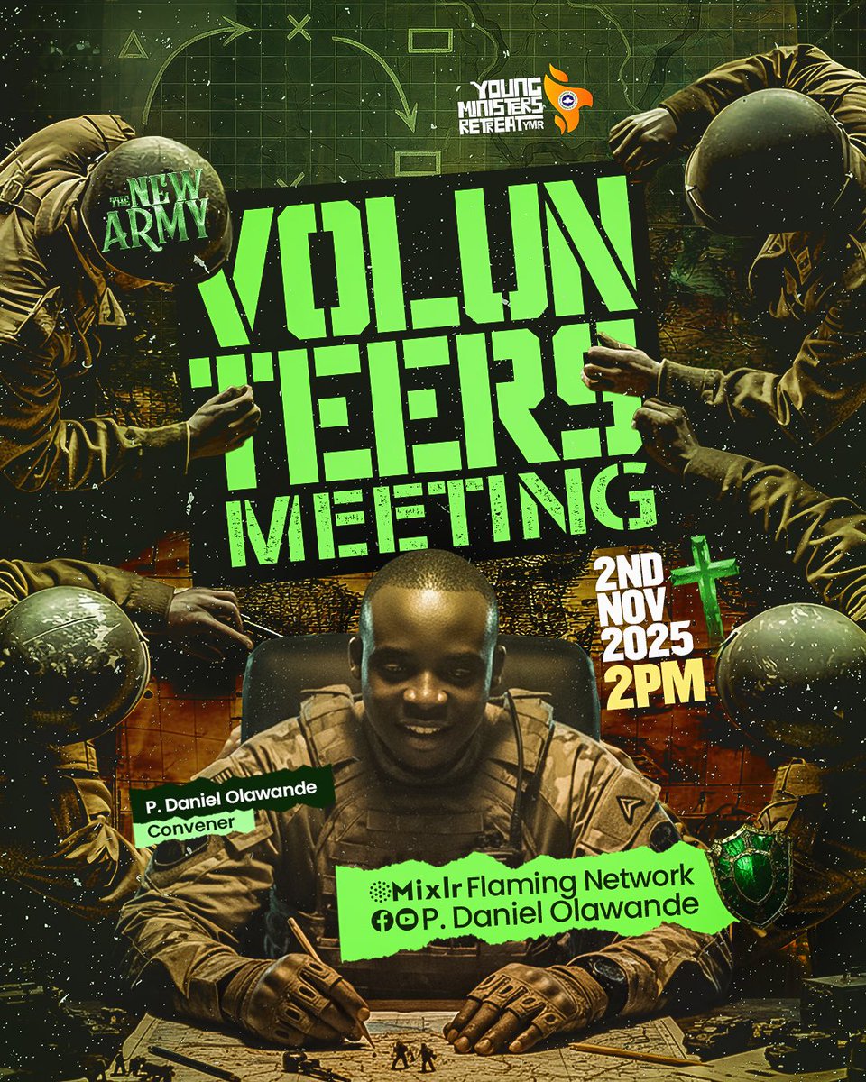 ATTENTION, ARMY!

Get ready for the first YMR 2025 virtual volunteers meeting, happening this Sunday 2nd Nov. by 2:00PM!

Plan your schedules around it.

To register as a participant/volunteer, click the link below:
register.ymrglobal.org

#YMR2025
#TheNewArmy
#PDanielOlawande