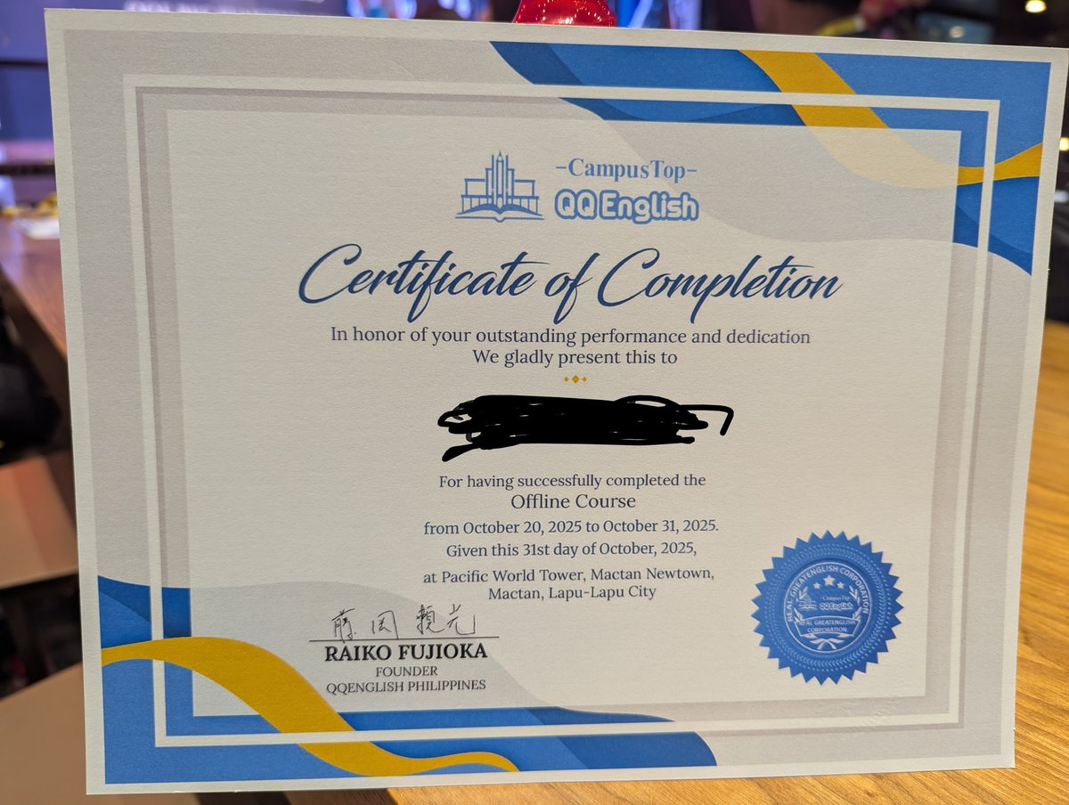 Umising's tweet image. 卒業した！😂
(1週間とかでも貰えます)
毎年来たら、毎年もらえるんだなw
I improved here especially about pronunciations, thank you sooooo much!
I'll be back here next year🥳

日本人経営の学校で駐在スタッフさんが日本人なので、契約や説明は日本語、現地でも日本語でやり取り可。