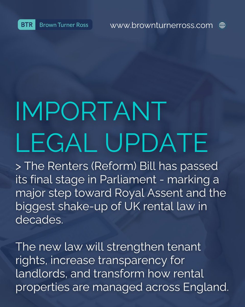 🏠 The Renters (Reform) Bill has passed its final reading and is heading for Royal Assent - marking one of the biggest changes to UK housing law in decades.

Key changes include:
> Ending Section 21 “no-fault” evictions
> A new Property Portal for landlords

#PropertyLaw #UKLaw