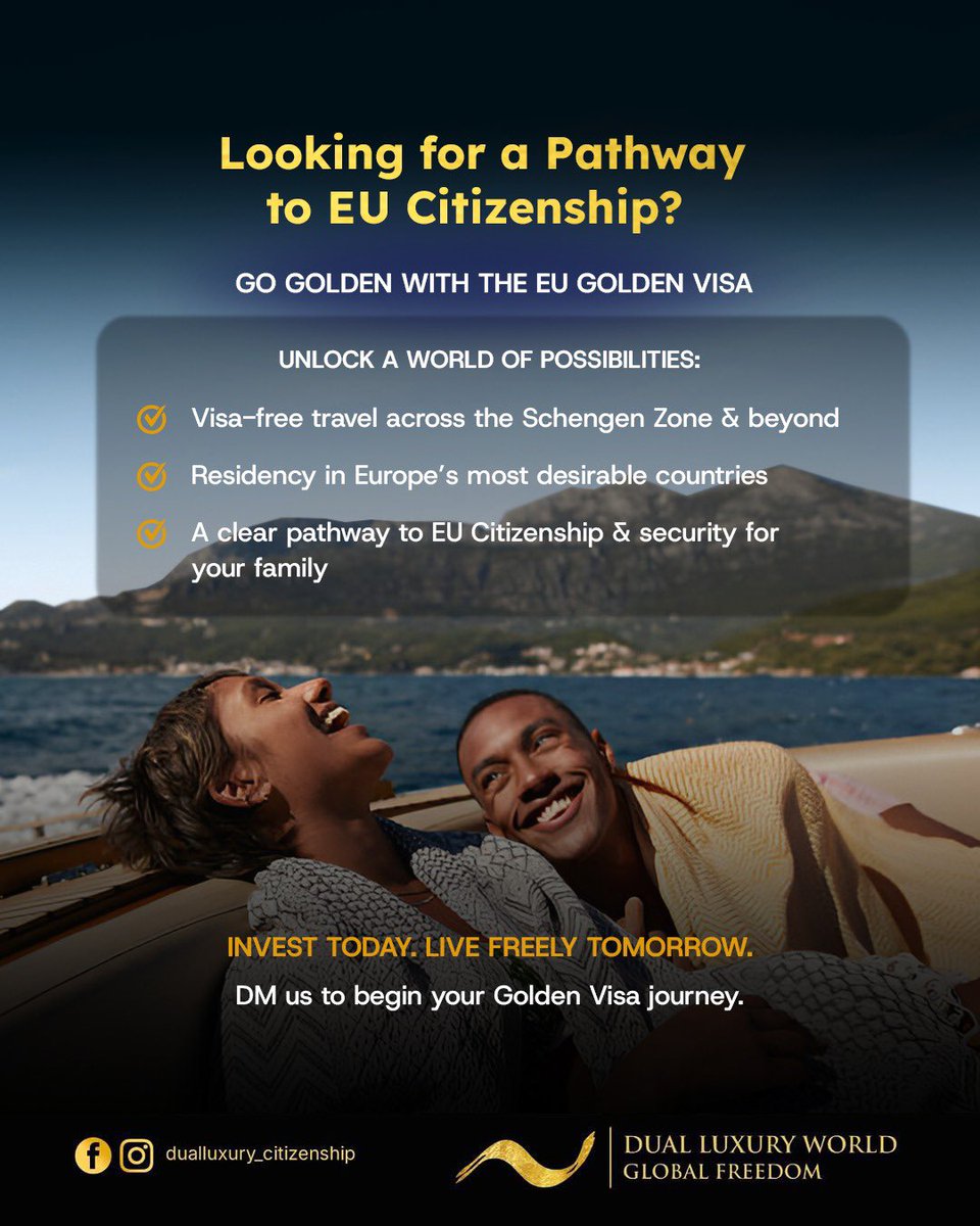 DualLuxury's tweet image. 🌍 Go Golden, Live Limitless ✨

Secure your future with the EU Golden Visa — your gateway to European residency, visa-free travel, and a clear path to EU citizenship. 🏛️🇪🇺

#GoGolden #EUGoldenVisa #DualLuxuryWorld #CitizenshipByInvestment #EuropeanResidency #GlobalFreedom