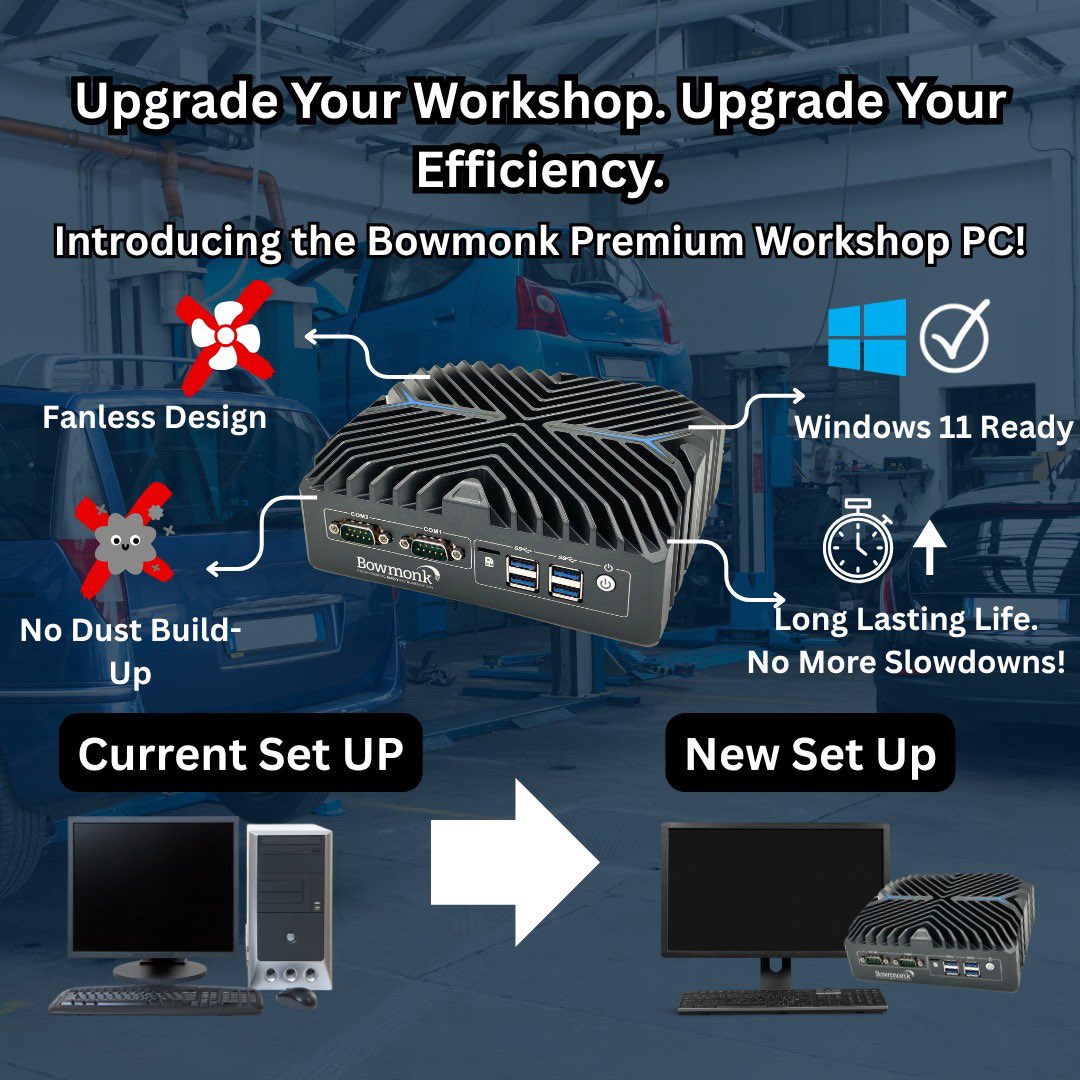 This is a WORKSHOP PC — it REPLACES your tower PC.

Built for garages/MOT bays: fanless (no dust), compact, mount-anywhere, Windows 11 ready.

Real I/O: 4×USB, 2×COM, SIM, 3×HDMI, 3×LAN, Wi-Fi antennas.

Longer life. No slowdowns.

Swap your tower for Bowmonk WorkPro PC.