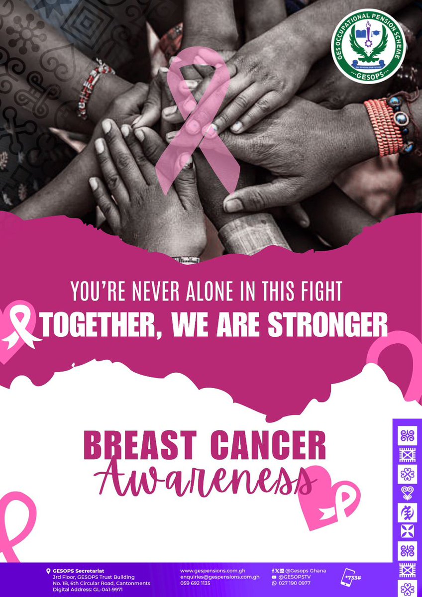 This Breast Cancer Awareness Month, we celebrate the power of unity and support among women.
At GESOPS, we believe that when women stand together, hope grows stronger and courage shines brighter.
Together, we are stronger. 🎗️

Visit gespensions.com.gh