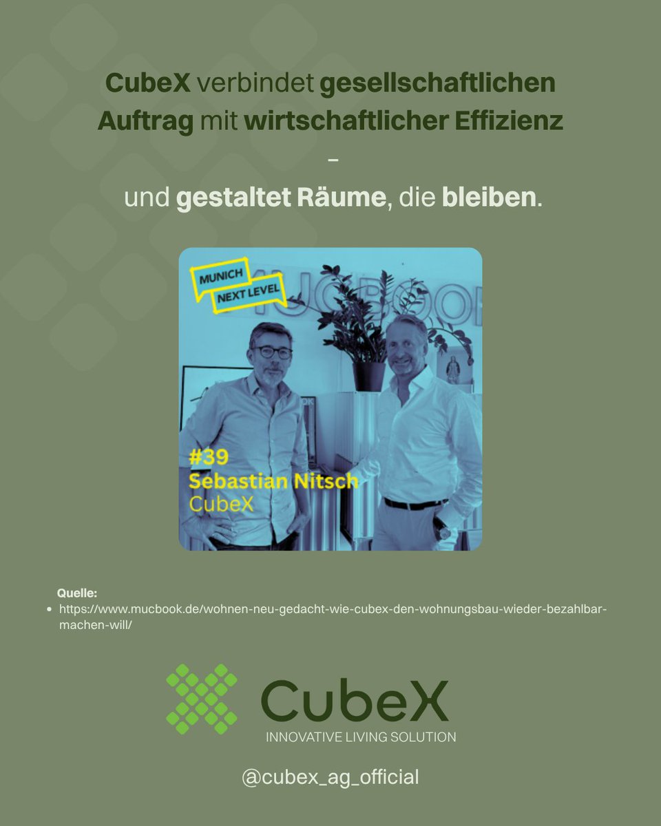 Wie könnte München im Jahr 2075 aussehen?
Im Podcast mit MUCbook spricht Sebastian Nitsch über seine Vision von nachhaltigem und sozialem Wohnen der Zukunft und darüber, wie CubeX heute schon die Grundlagen dafür legt.

#LeistbarLeben #SeriellesBauen #GreenLiving   #SmartLiving