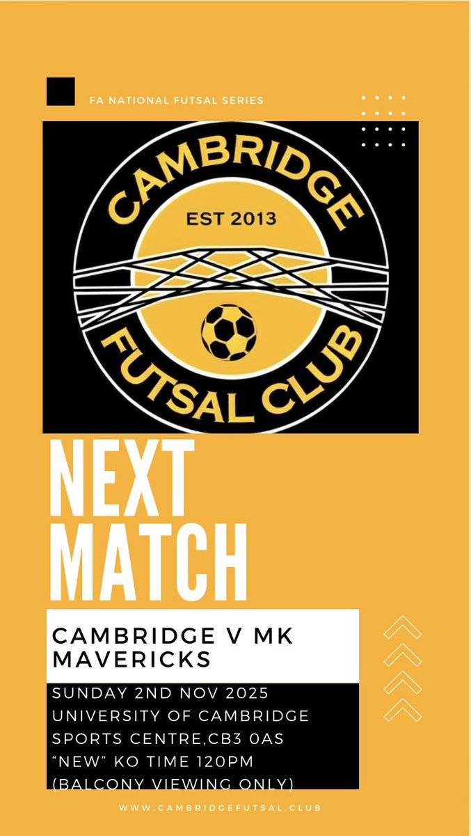 👀👇Our Men’s 1st team are home again this SUNDAY v <a href="/MavericksFutsal/">MK Mavericks Futsal</a> in the <a href="/FA_NFS/">FA National Futsal Series</a> 
KO 120pm
Balcony viewing only (seats avail)
🐝there to support your local team CB3 0AS
#futsal #football #fiveaside #5aside #sport #Cambridge #Cambridgeshire #EastAnglia #skills #live