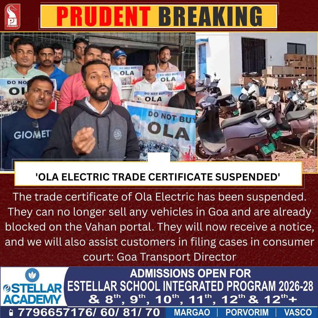 prudentgoa's tweet image. The trade certificate of Ola Electric has been suspended. They can no longer sell any vehicles in Goa and are already blocked on Vahan portal. They will now receive a notice, and we will also assist customers in filing cases in consumer court: Goa Transport Director

#Goa #Ola