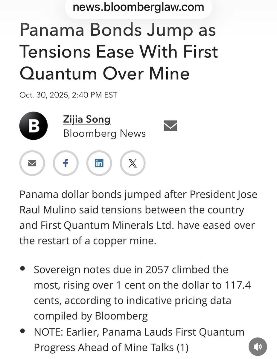 A un día del mes de la patria, suben los bonos panameños tras bajar la tensión con la empresa minera.

¿Ven cómo se comporta el mercado cuando hay sensatez y no demagogia?

El mercado premia la sensatez, no el populismo Hambriental ni la estupidez colectivista.

👏👏👏 🇵🇦
