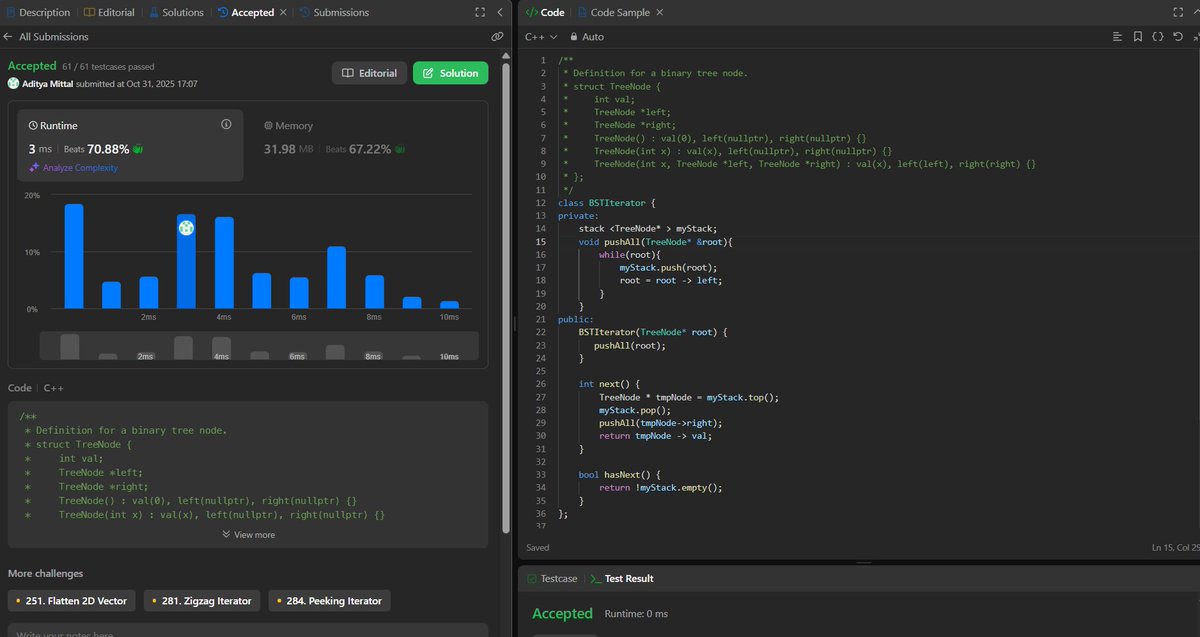 Aditya_Mittal_'s tweet image. Day - 75 of #100DaysOfCode solved:  
114. Flatten Binary Tree to Linked List 
129. Sum Root to Leaf Numbers
173. Binary Search Tree Iterator
on #leetcode