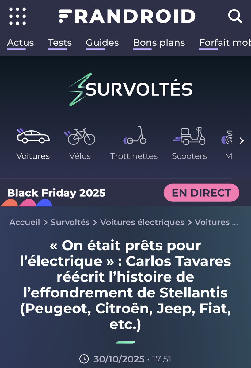 #VE🚗⚡️ 

<a href="/Frandroid/">Frandroid</a> <a href="/UlrichRozier/">Ulrich Rozier</a> / 30.10.25
« On était prêts pour l’électrique » : Carlos Tavares réécrit l’histoire de l’effondrement de Stellantis (Peugeot, Citroën, Jeep, Fiat, etc.)

« Stellantis était parfaitement prêt pour l’électrique » : vraiment ?
Commençons par le