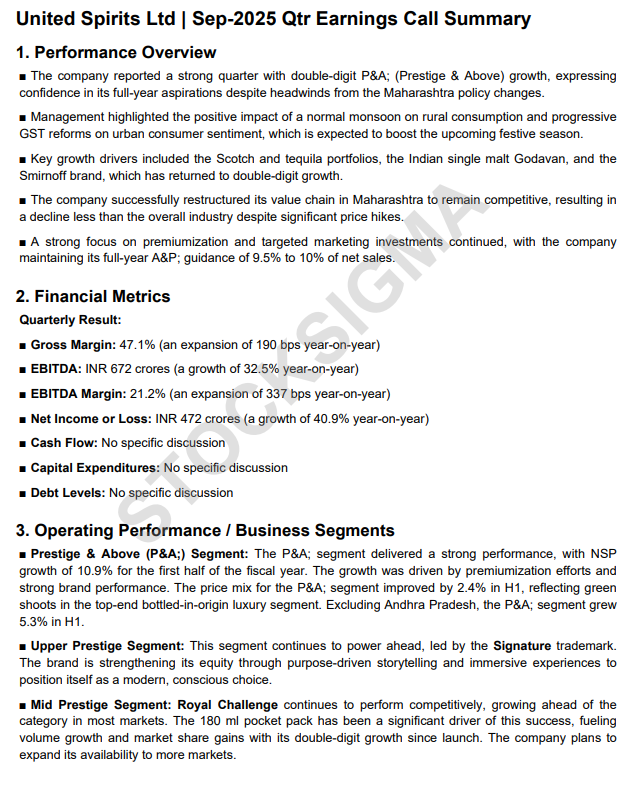 myAlerts_in's tweet image. #UNITDSPR #UNITDSPRQ2 United Spirits Ltd Q2FY26 Earnings Concall Summary